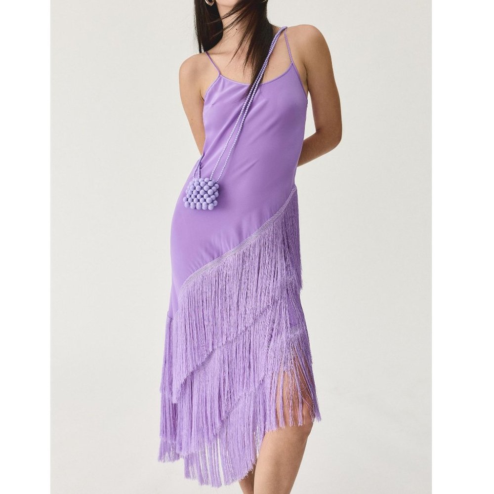 Delfi Collective 100% Silk Cristina Asymmetrical Fringe Dress Lavender Purple L - Picture 3 of 10